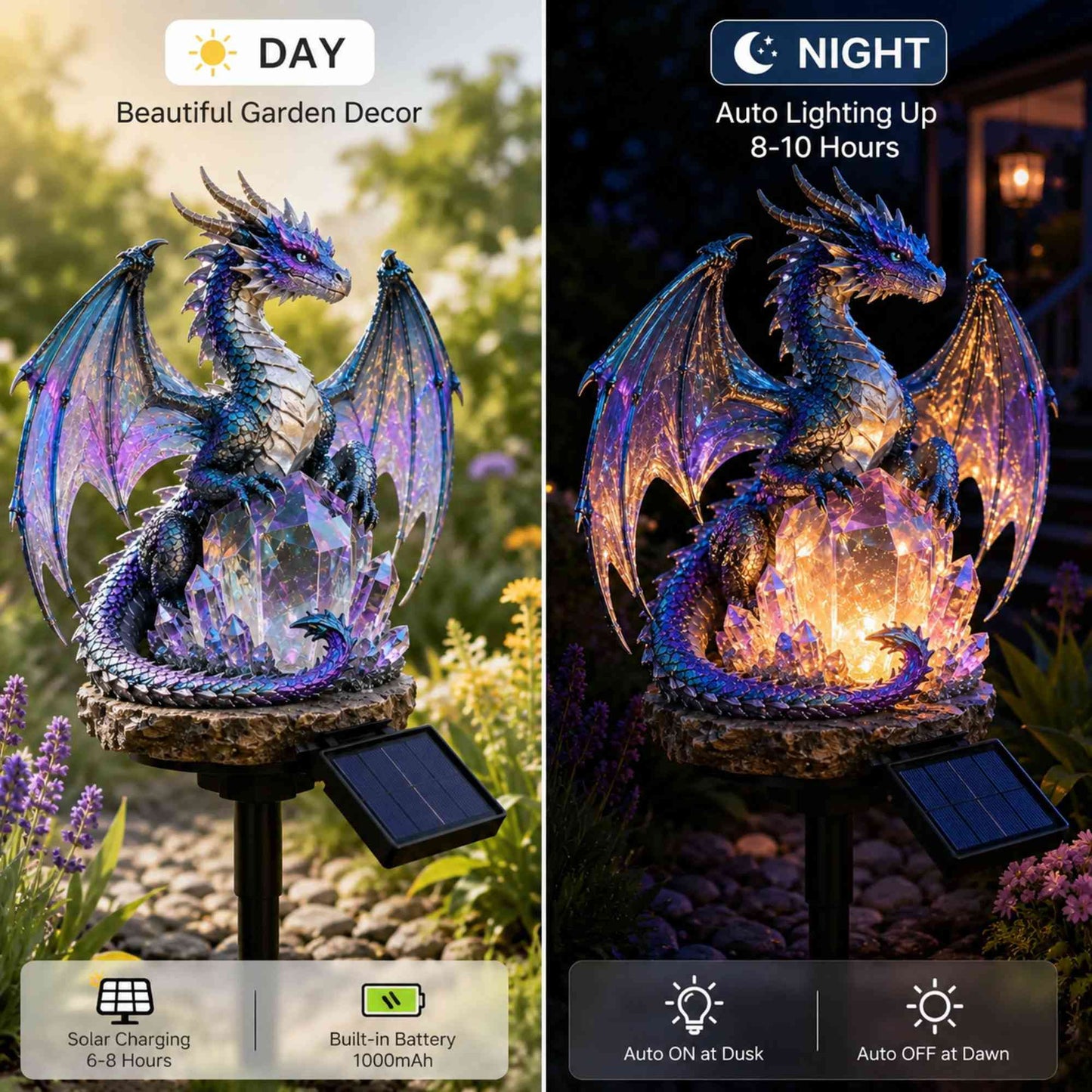 Amethyst Crystal Dragon Solar Garden Light, LED Dragon Statue Outdoor Yard Patio Decor, Waterproof Fantasy Garden Ornament, Gift for Dragon Lovers