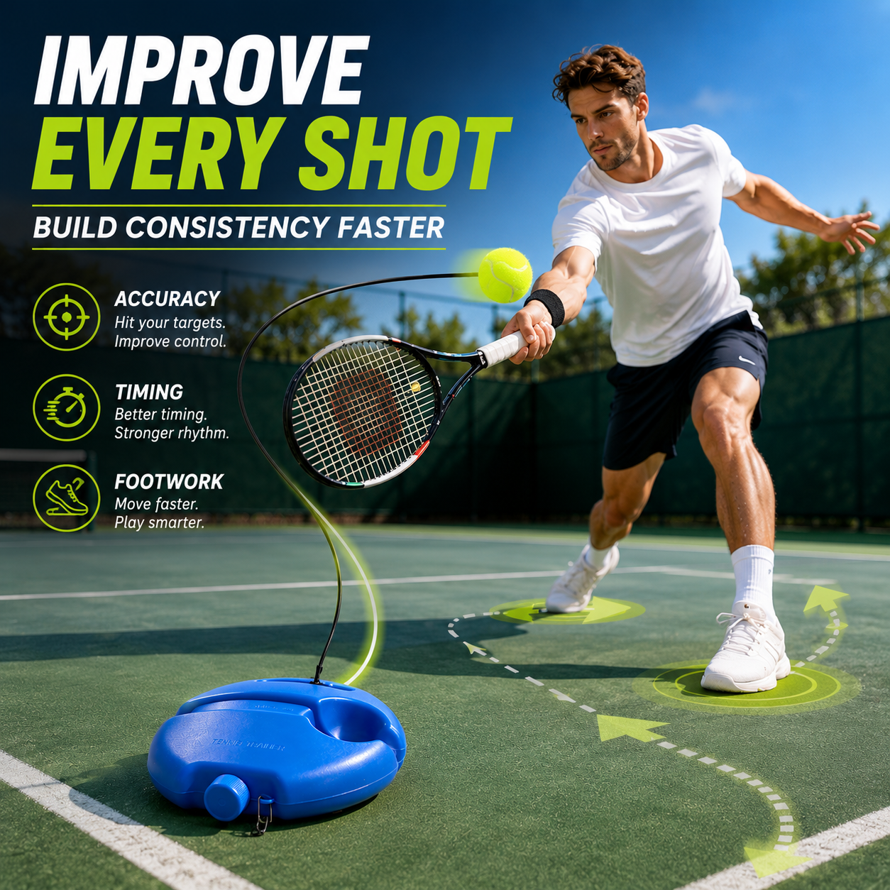 🎾 Solo Tennis Trainer Rebound Set – Practice Anytime, No Partner Needed，2 Balls