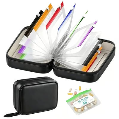 💊A8 Waterproof 14-Pouch Weekly Pill Organizer, Color-Coded Travel Storage for Vitamins & Supplements